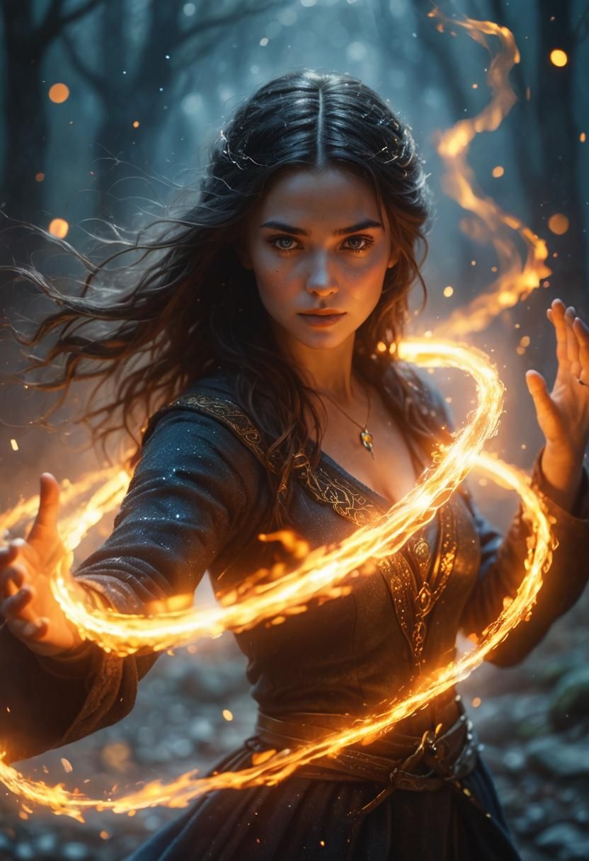 Mysterious Woman Conjures Fire Magic Portrait