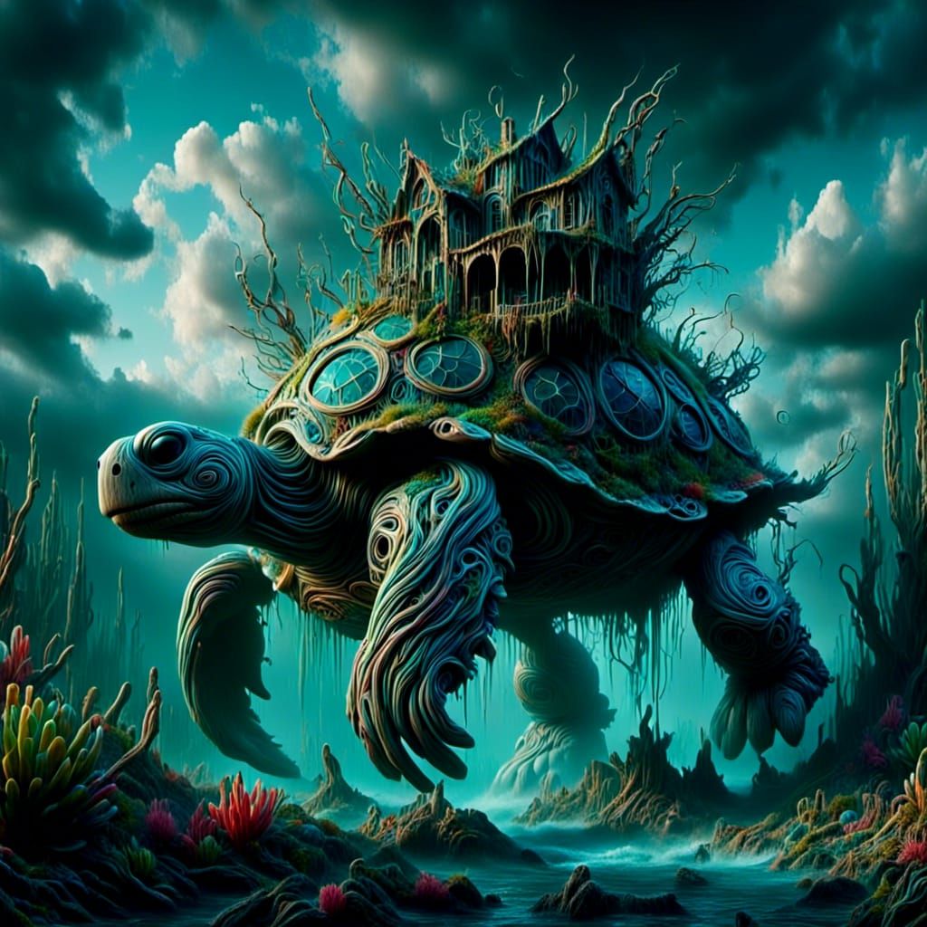 Underwater Atlantis on Giant Turtle: Bioluminescent Fantasy