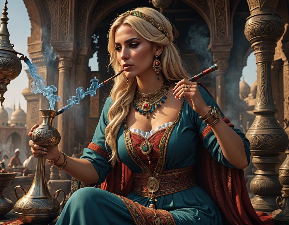A beautiful blonde Turkish woman smoking a hookah pipe