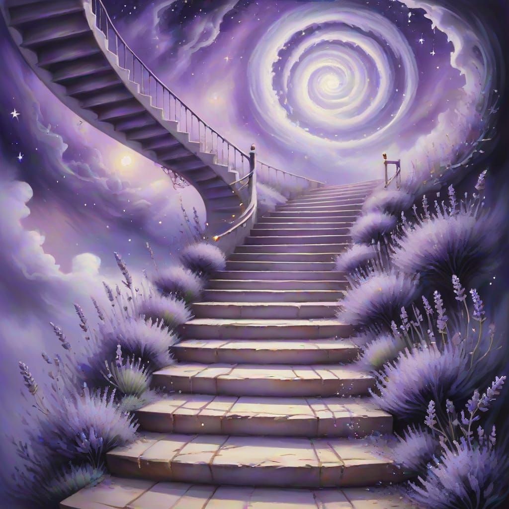 Surreal Lavender Stairs Ascend to Starry Sky