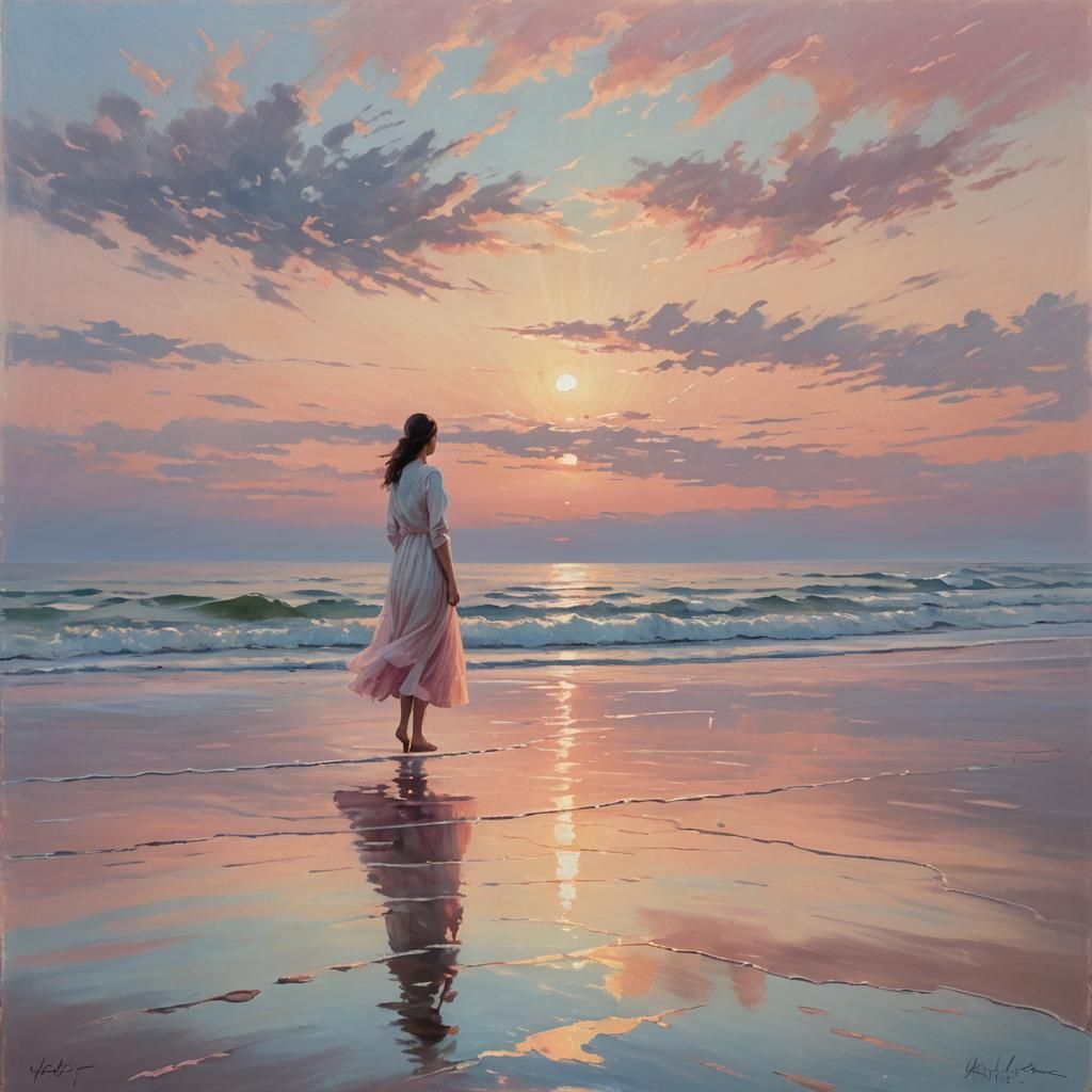 Impressionist Dawn Over Sea with Serene Figure