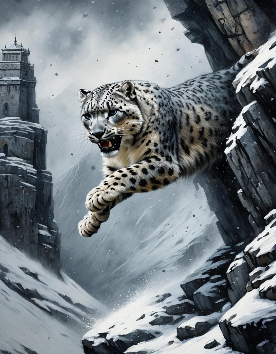 Snow Leopard Leap: A Dark Fantasy Aquarelle