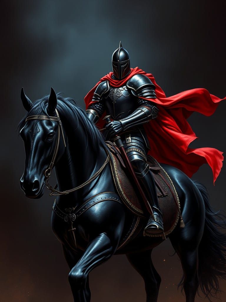 Regal Knight in Black Armor with Fiery Red Cloak