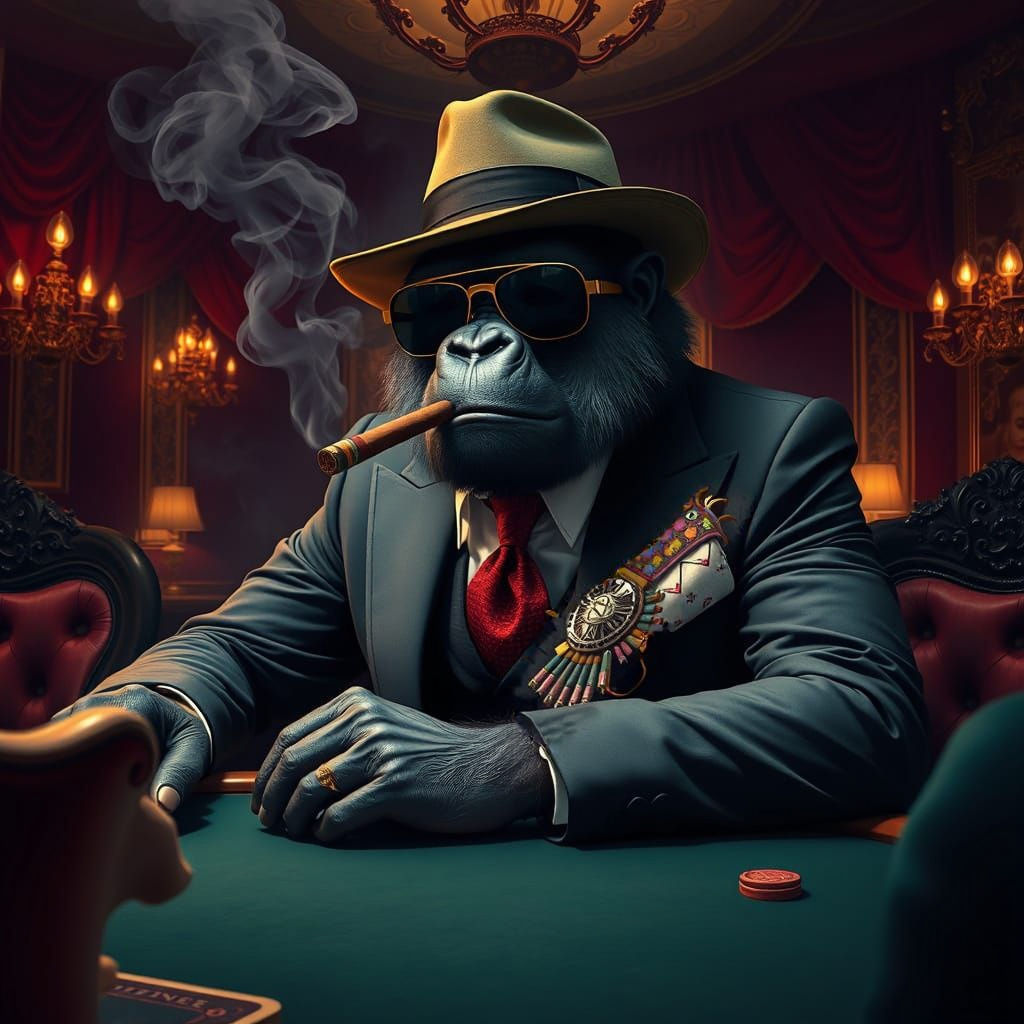 Gangster Gorilla at Poker Table, Smoking Cigar and Wearing G...