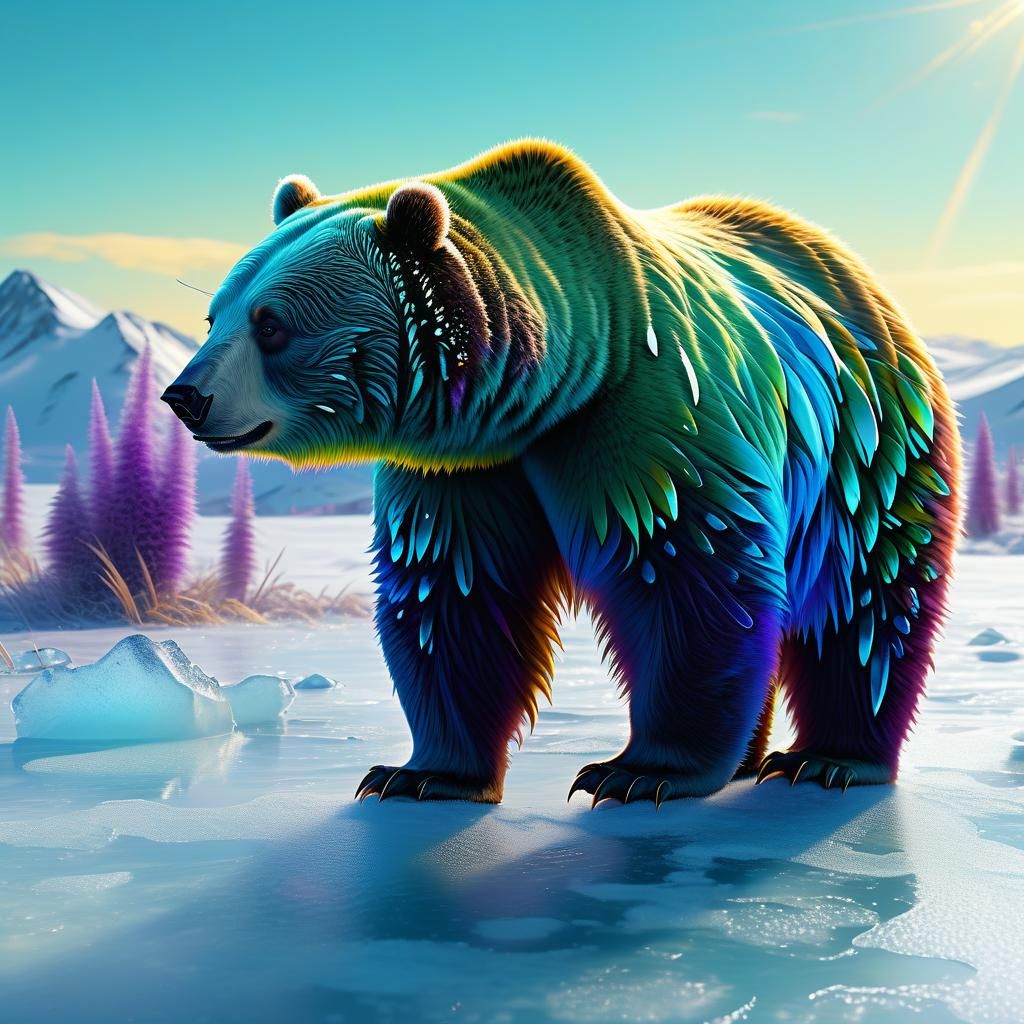 Majestic Peacobear Spreads Colorful Tail on Icy Tundra