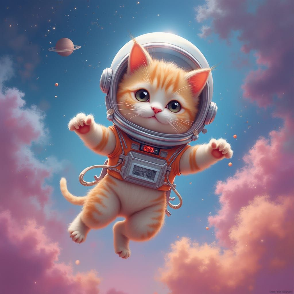 Astronaut Cat Floating in Pastel Nebula