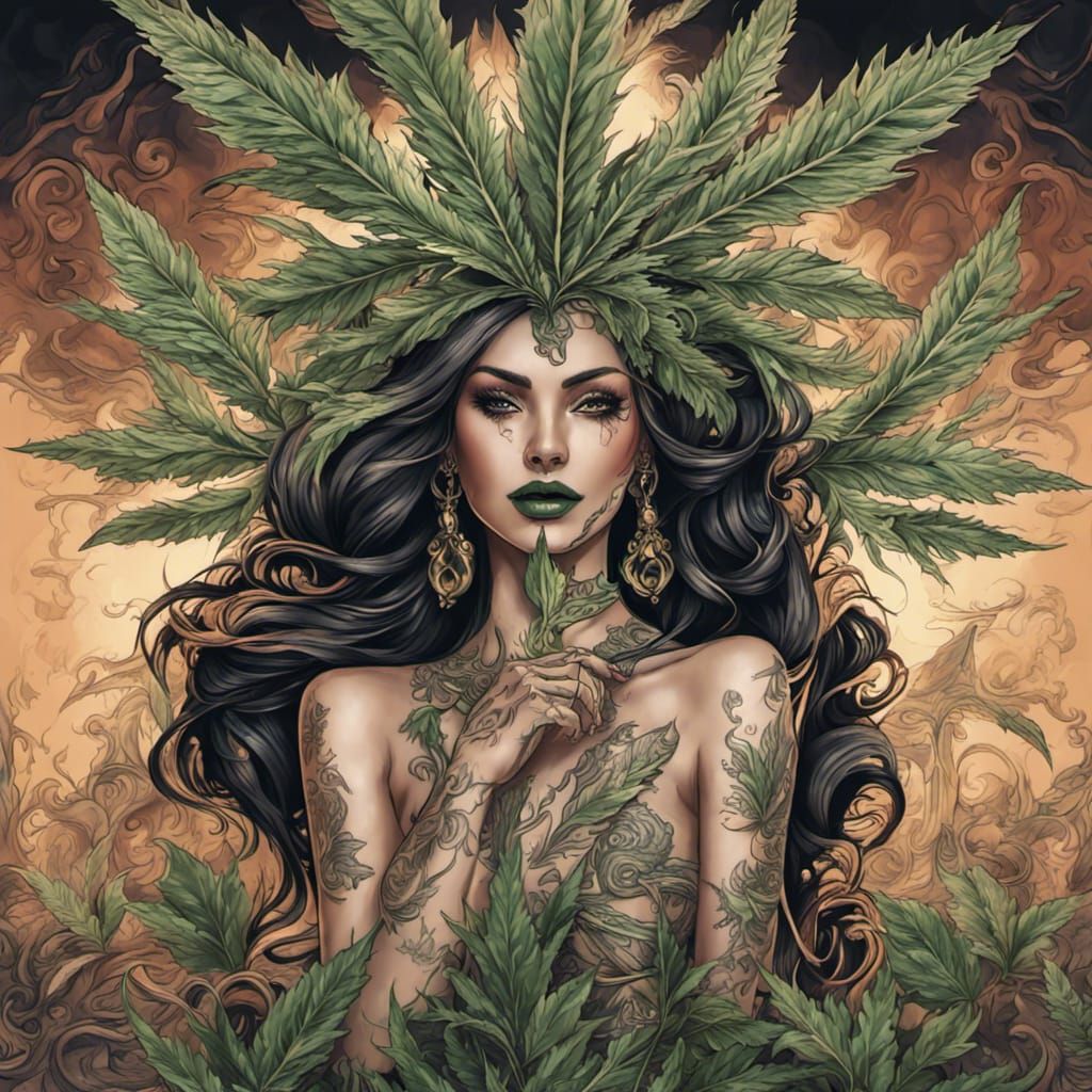 Chicano Tattoo Art: Woman with Cannabis Leaves