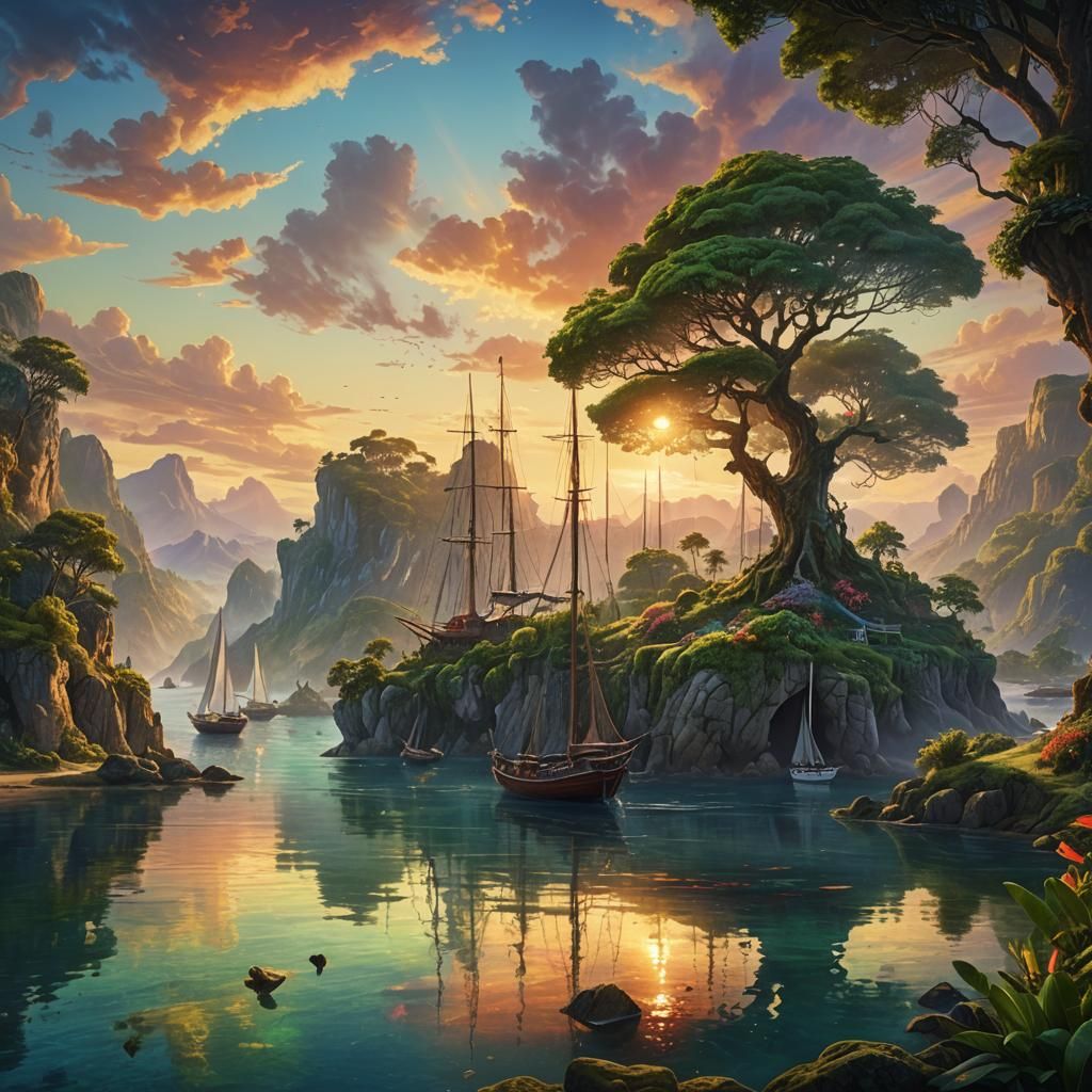 Sunset Bay with Sailboats in Ethereal Style