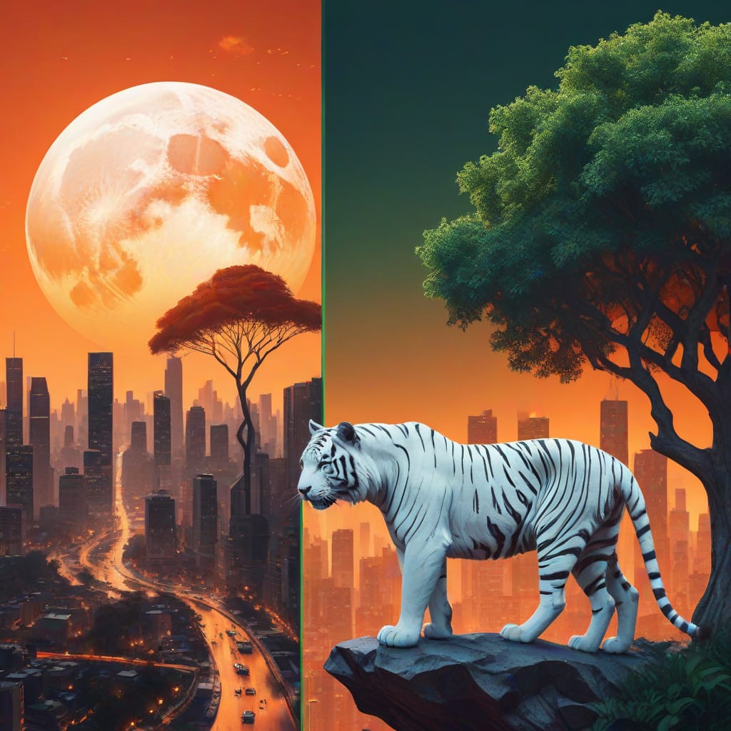 Surreal Globe: Tiger, Tree, and City in Low-Poly Art
