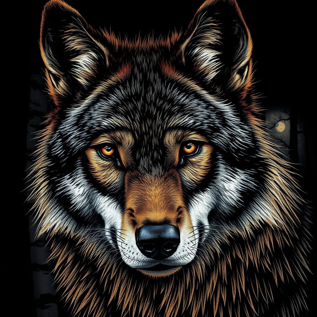 Realistic Timber Wolf Portrait in Scratchboard Style
