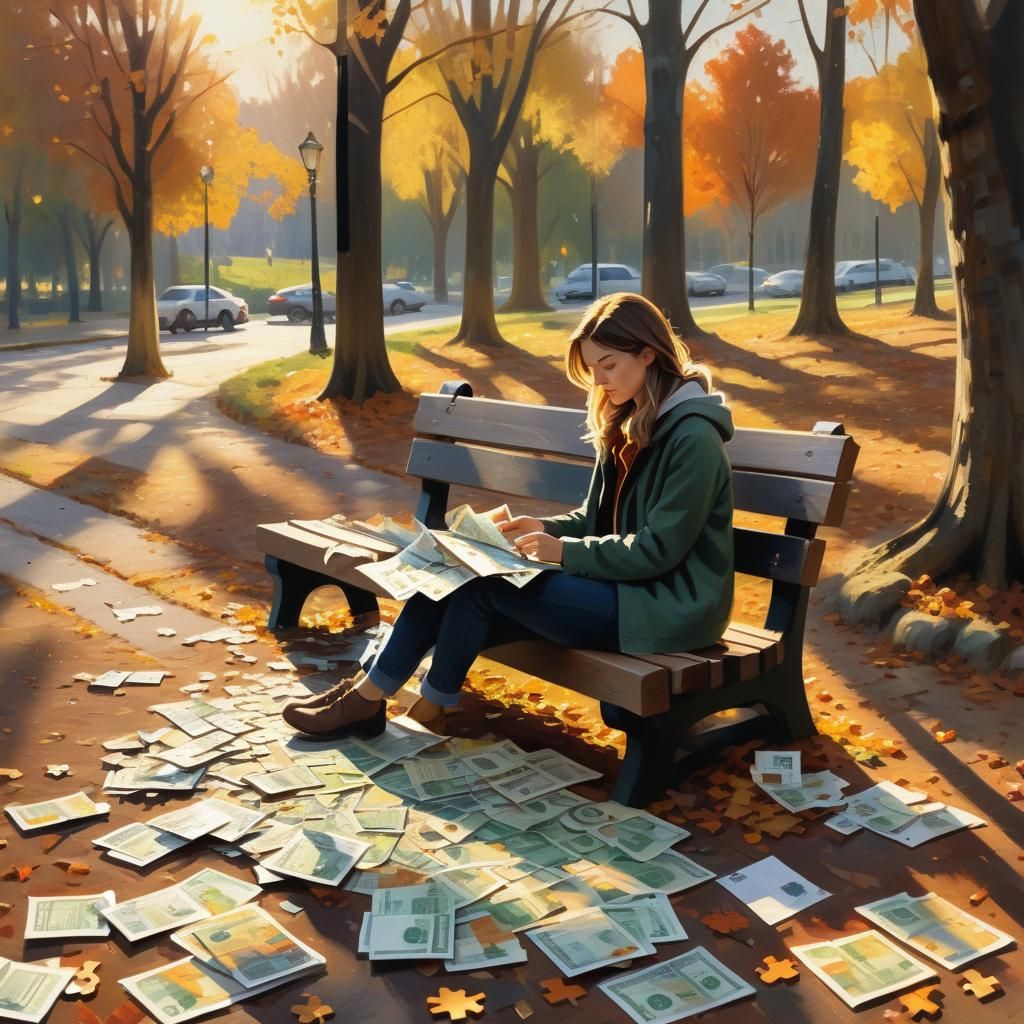 Impressionist Woman Solves Puzzle in Autumn Landscape
