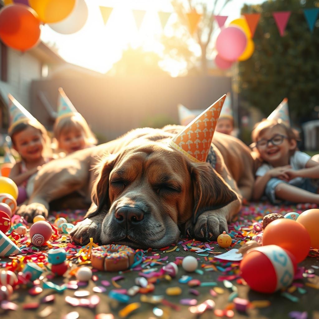 Serene Suburban Scene: Old Hound Dog Surrounded by Happy Chi...
