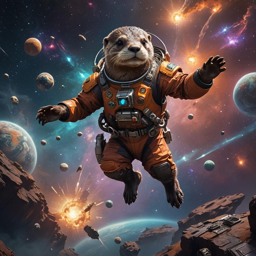 Otter in Spacesuit Soaring Through Outer Space
