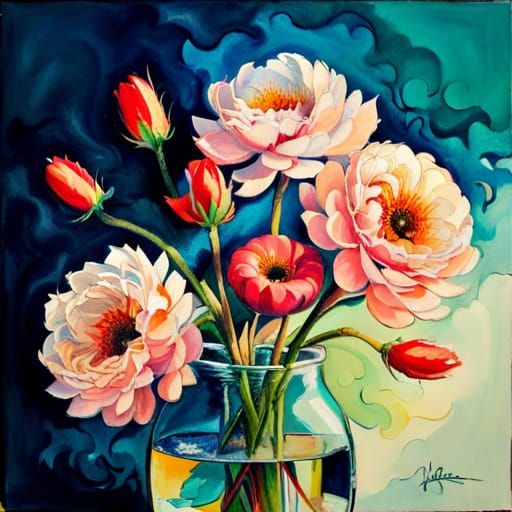 Floral Bouquet Gouache Painting in Expressionist Style