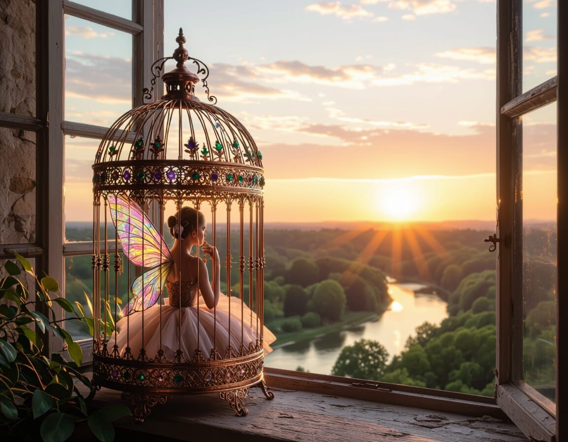 Ornate Copper Birdcage with Fairy at Sunset