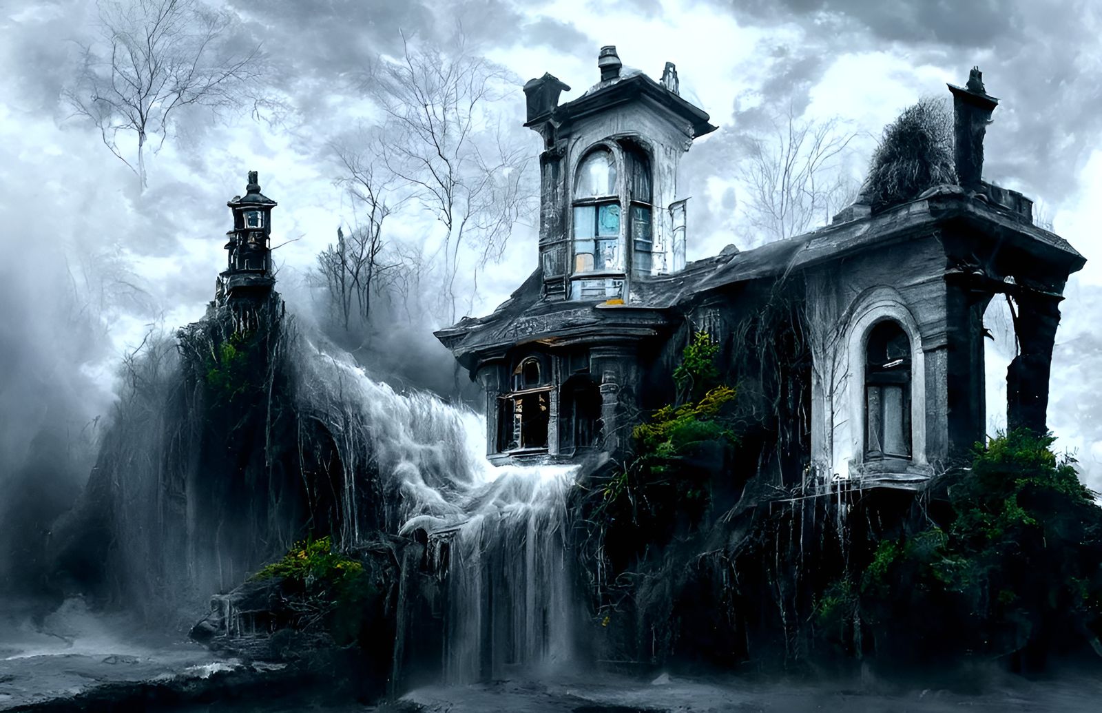 Haunted Victorian House Under Monstrous Waterfall