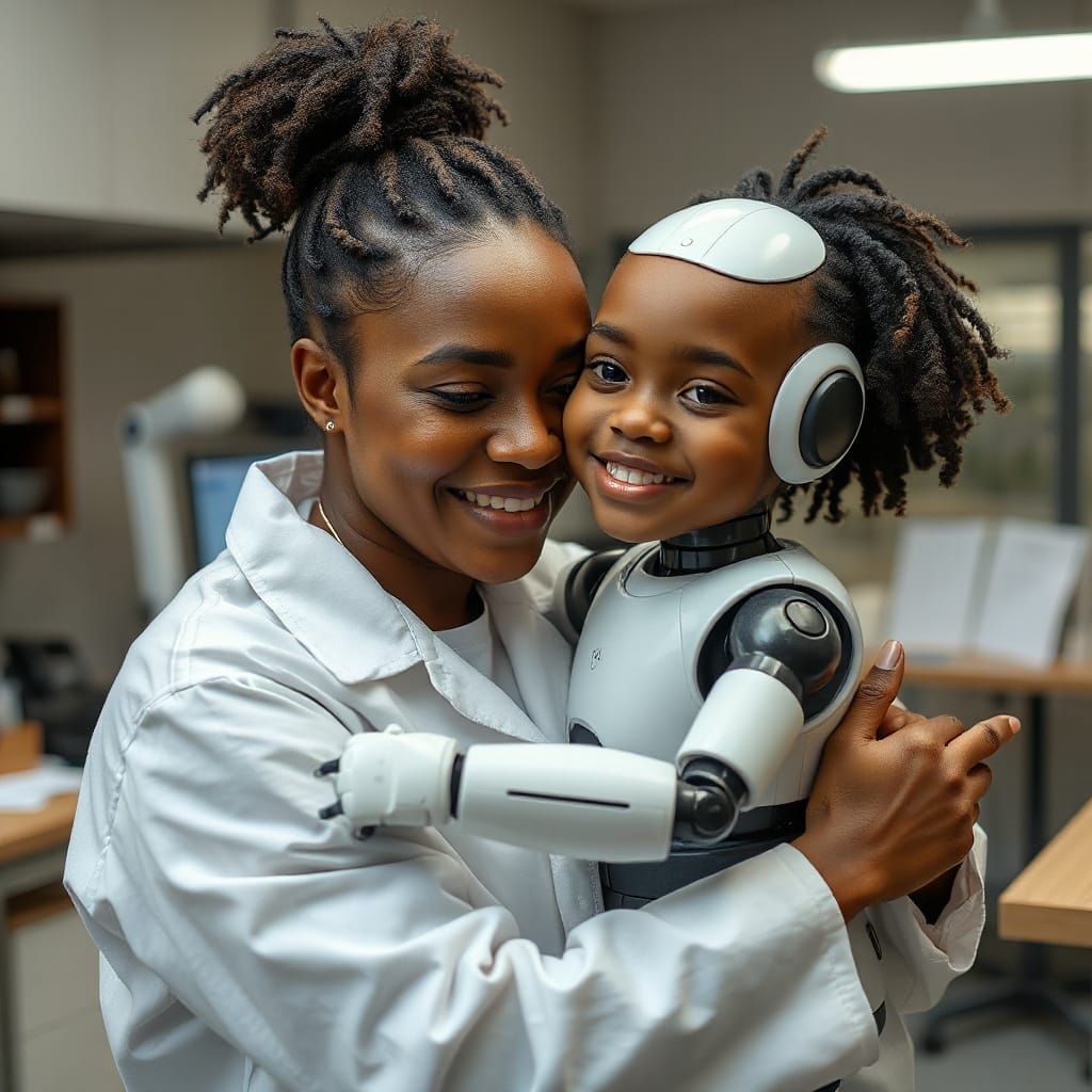 Woman Scientist Hugs New Robot Baby