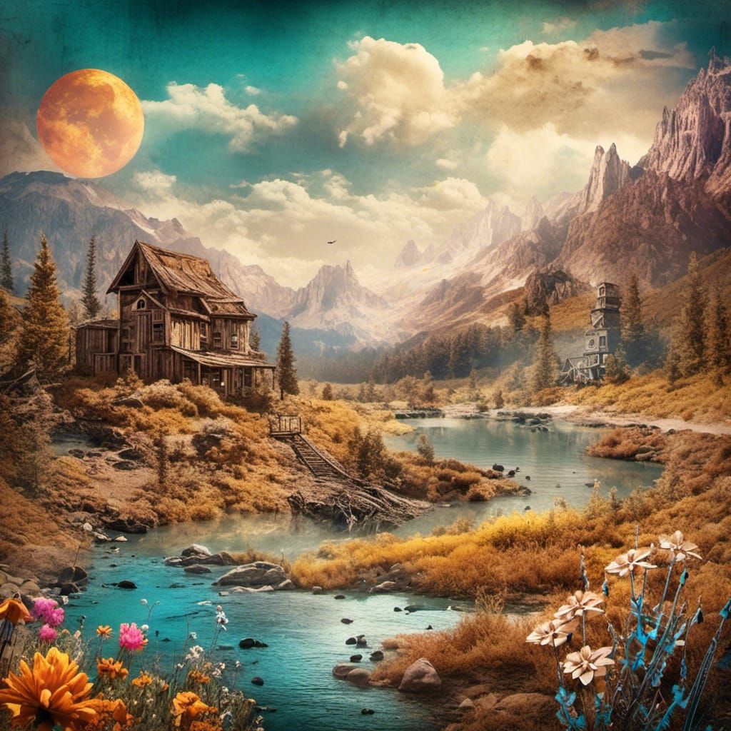 Surreal Western Ghost Town Ink Art Landscape