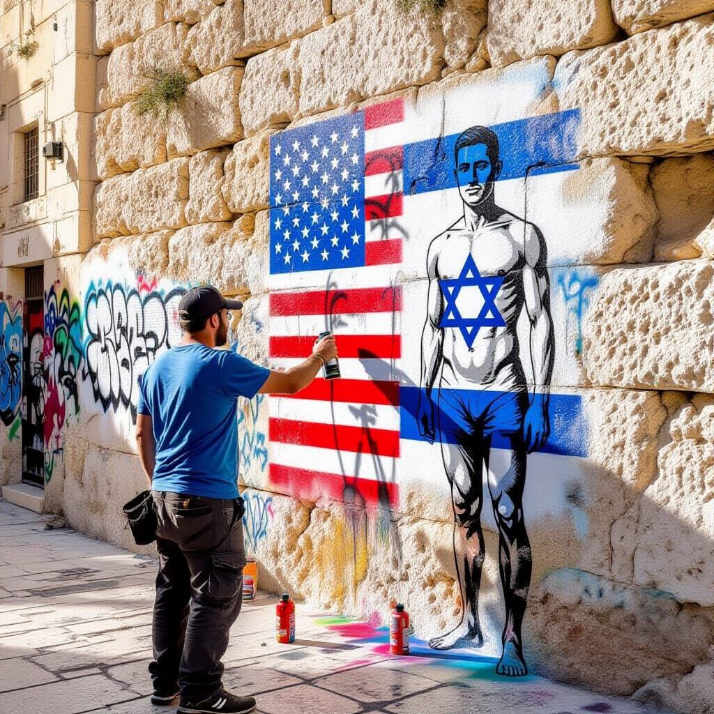 Man Paints US-Israeli Flag Body Mural on Jerusalem Wall
