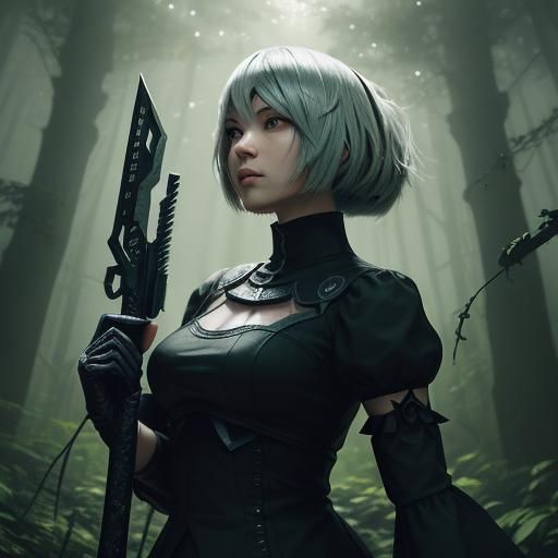 2B Cosplay in Cyberpunk Anime Style Forest