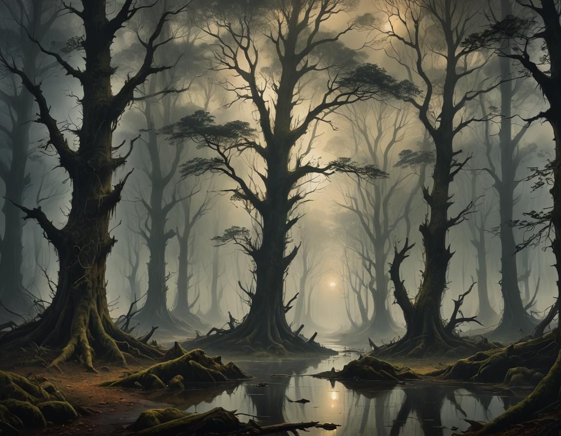 Mystical Forest Landscape in Romantic Style