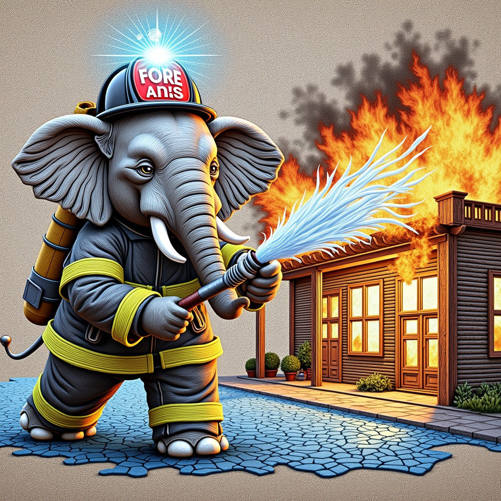 Elephant Firefighter in Embroidered Hyperrealism