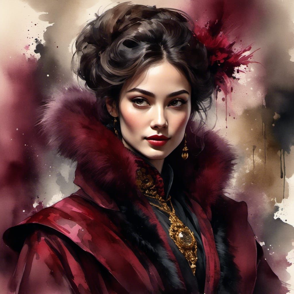 Victorian Woman in Elegant Winter Coat, Watercolor Style