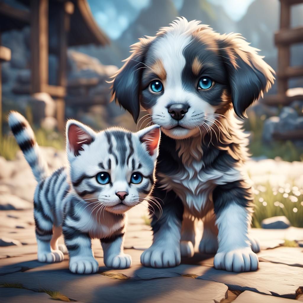 Watercolor Puppy and Kitten in 3D Game Style