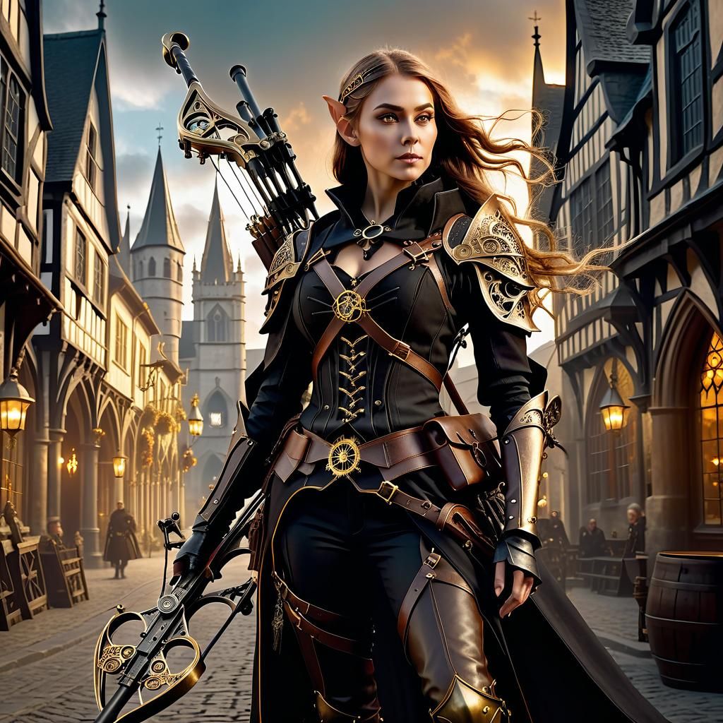 Steampunk Half-Elf Witch Hunter in Medieval Town