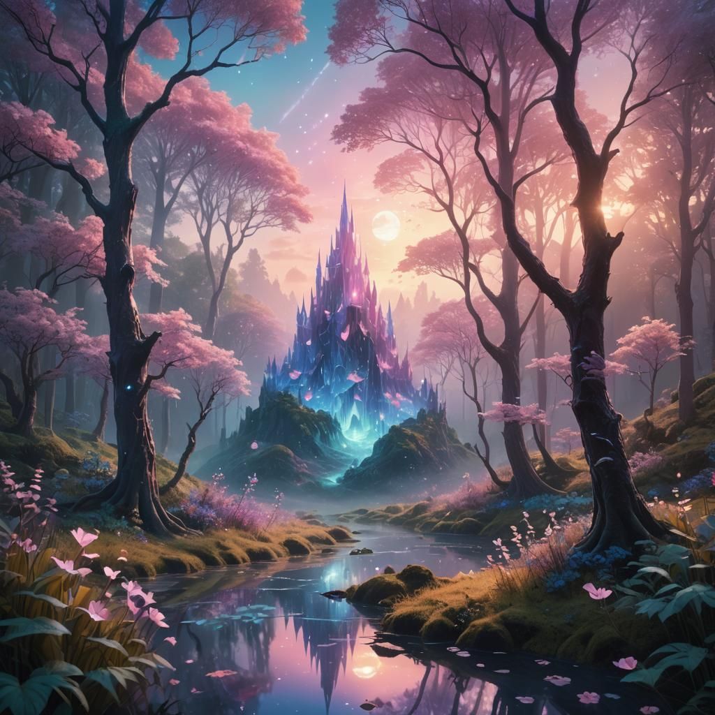 Pastel Fantasy Landscape with Mystical Mushroom