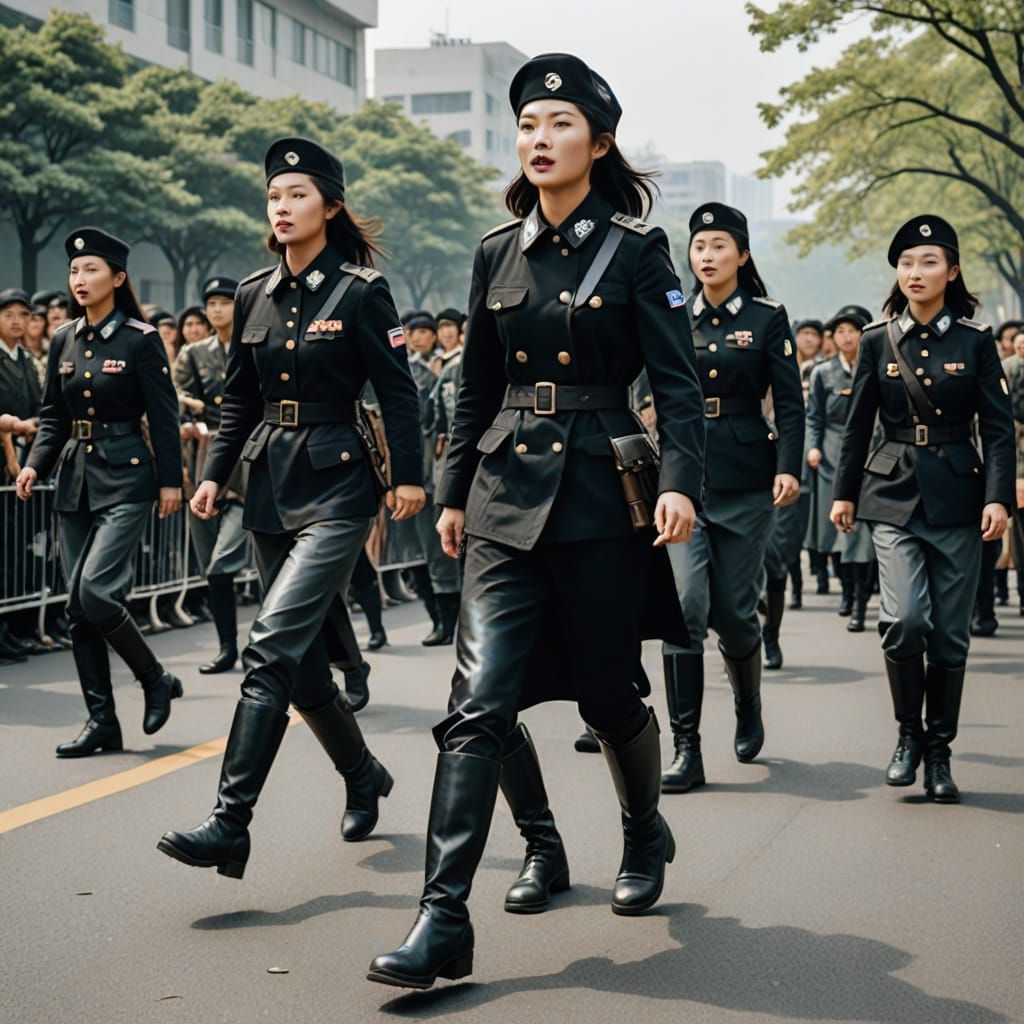 Female Soldiers March in Leather Boots in a Korean Parade