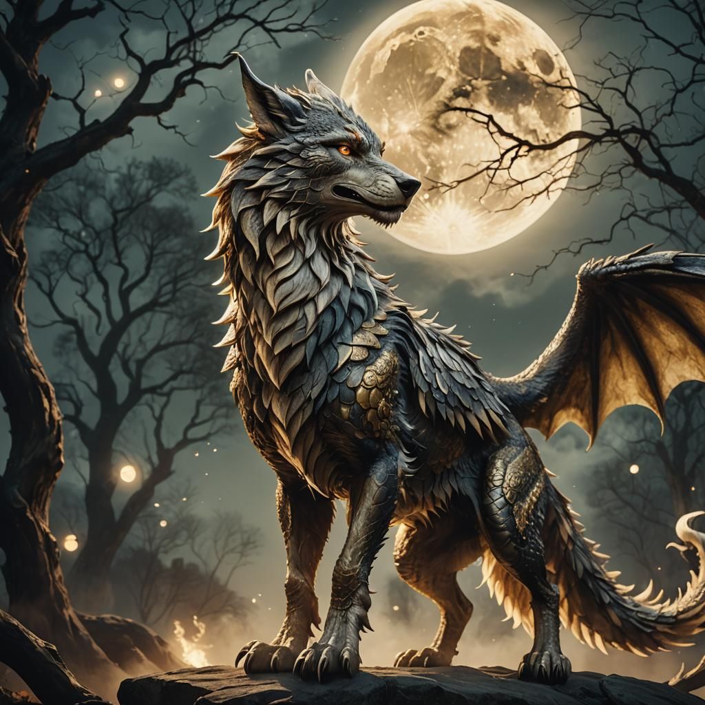 Majestic Wolf-Dragon hybrid Under Golden Moonlight
