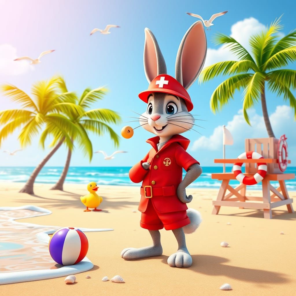 Vibrant Beach Lifeguard Bunny Saves the Day