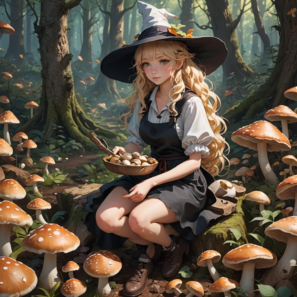 Anime Witch Girl Collecting Mushrooms in Forest