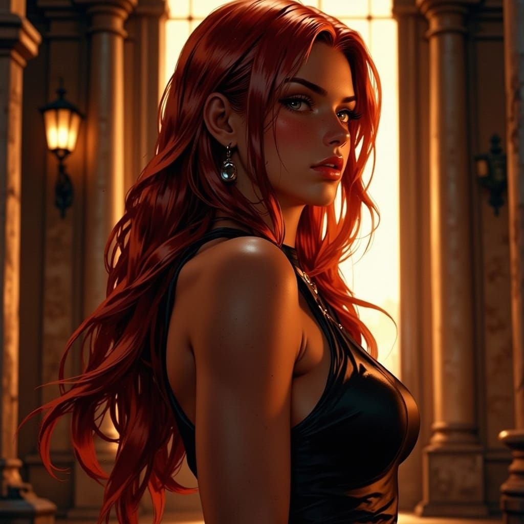 Cinematic Redhead Heroine in Film Still