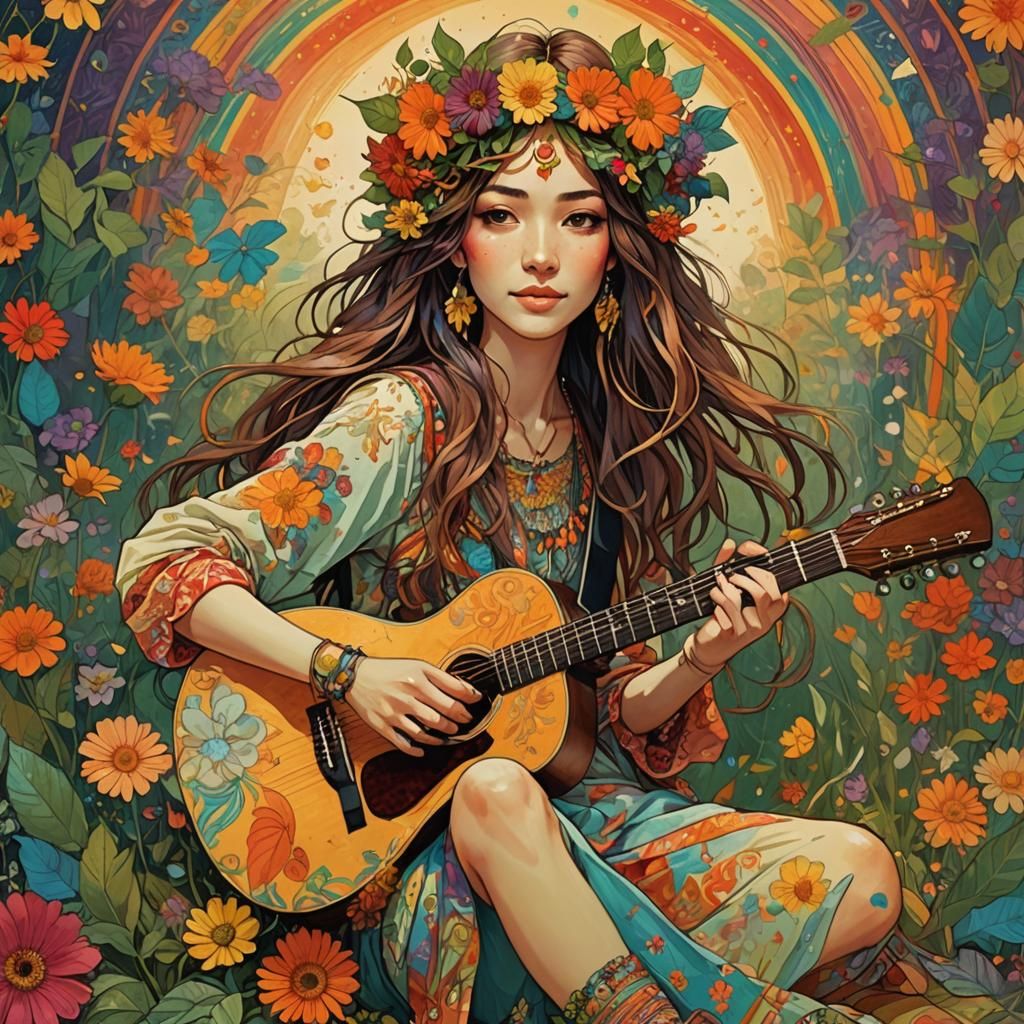 Hippie Woman with Guitar and Psychedelic Background