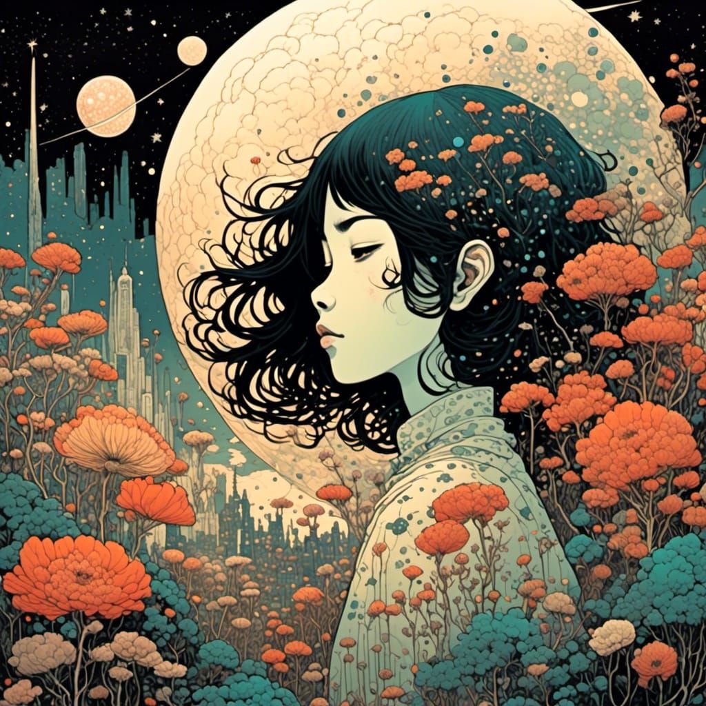 Cosmic Ghost Child in Fantasy Flower Garden