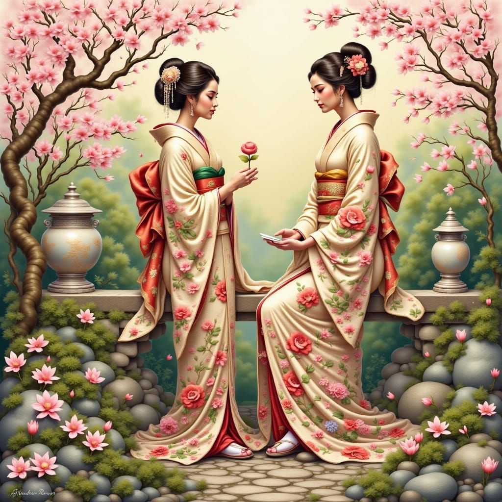 Traditional Japanese Geishas in Serene Tea House Garden