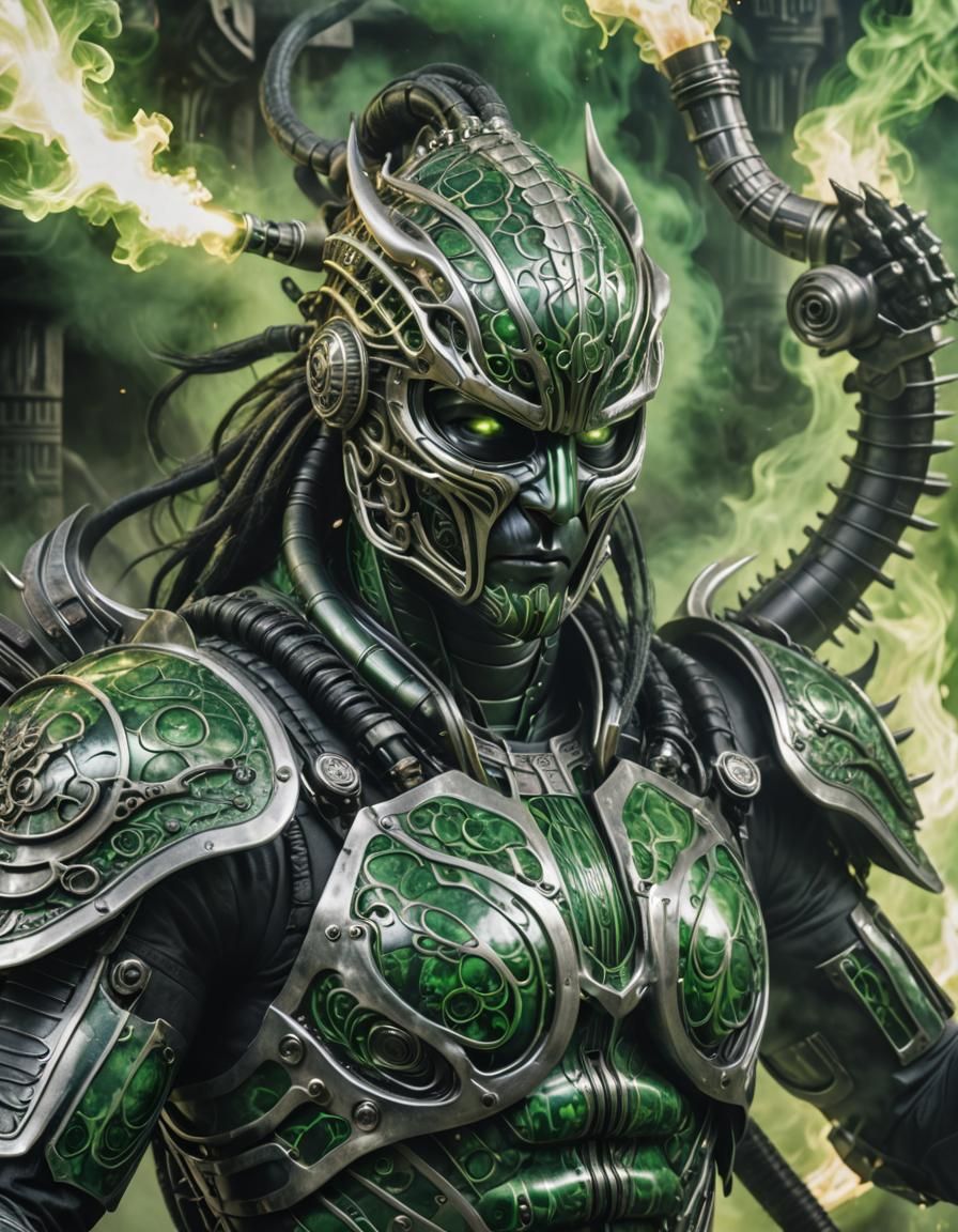 Biomechanical Shinobi with Green Fire Aura in Giger Style