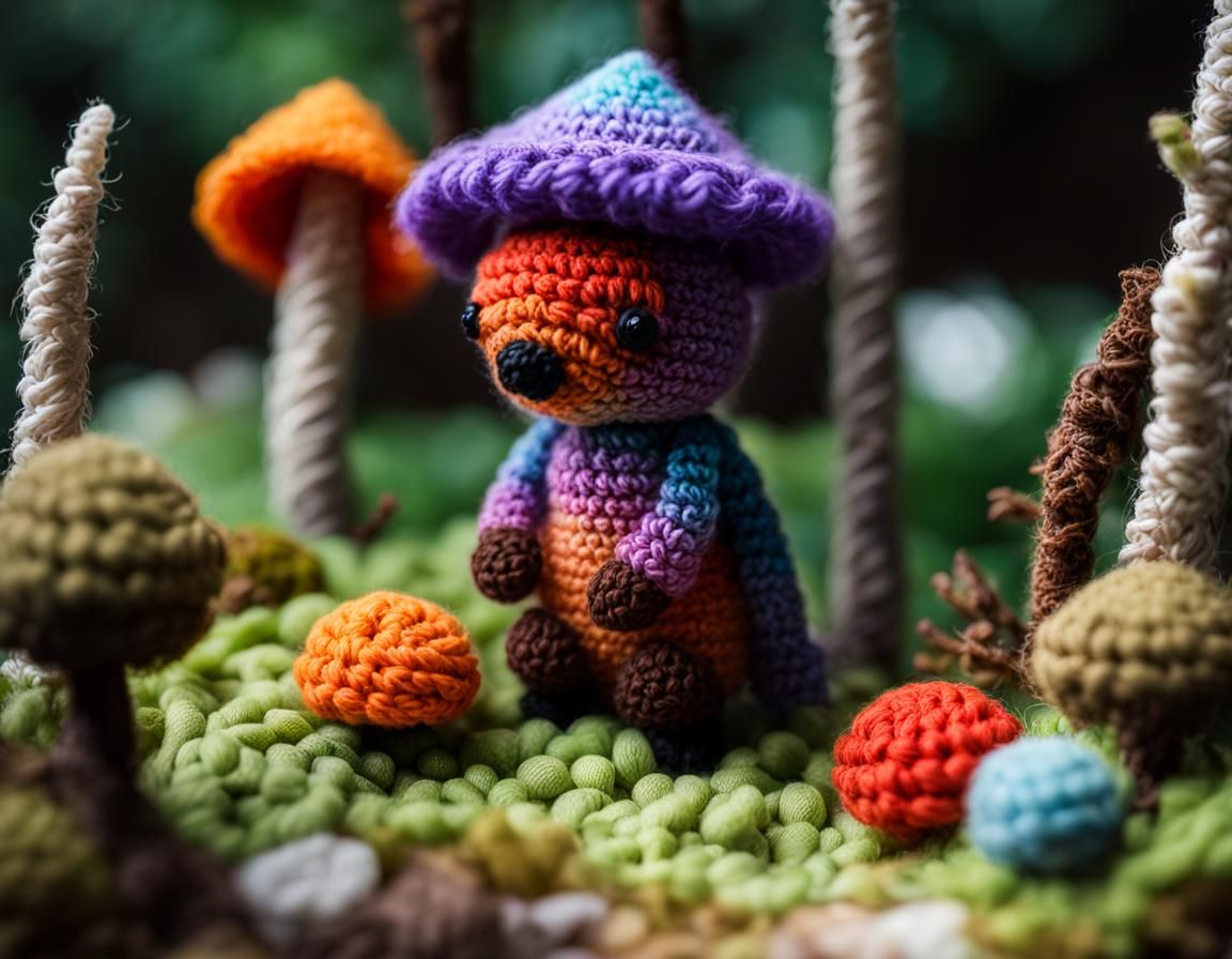 Living Miniature Crocheted Fantasy Forest in Backlit Golden ...