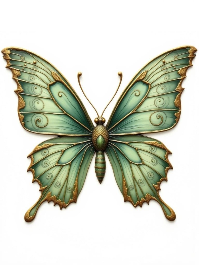 Gold Butterfly with Floral Motifs in Mucha Style