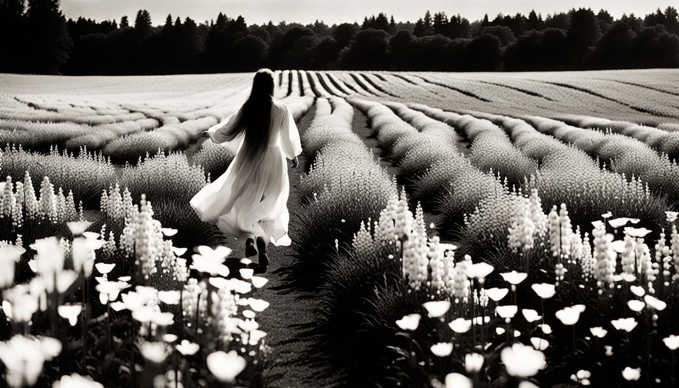Luminescent Woman in Lupine Field, Photogram Style