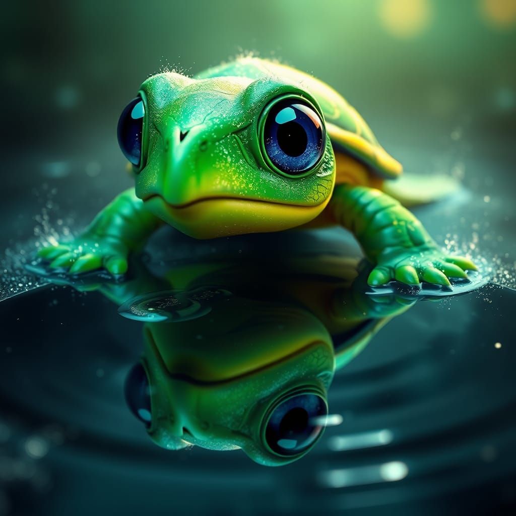 Whimsical Turtle with Dark Reflection, Matte Painting