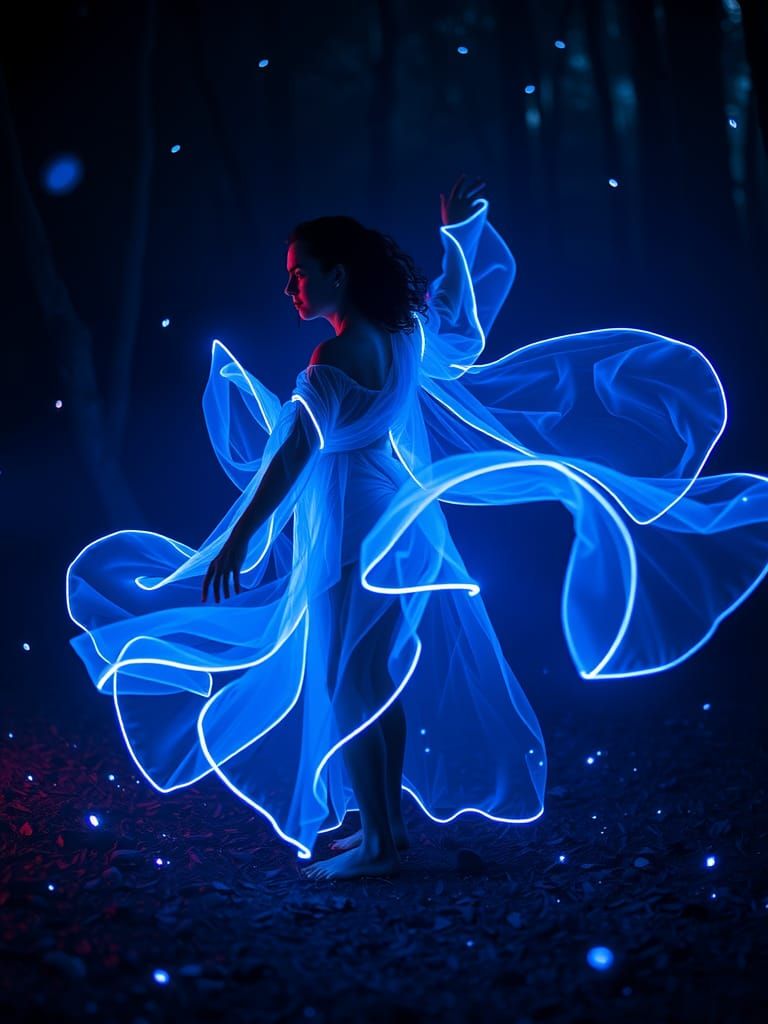 Neon Dancer in Mystical Forest, Bioluminescent Art