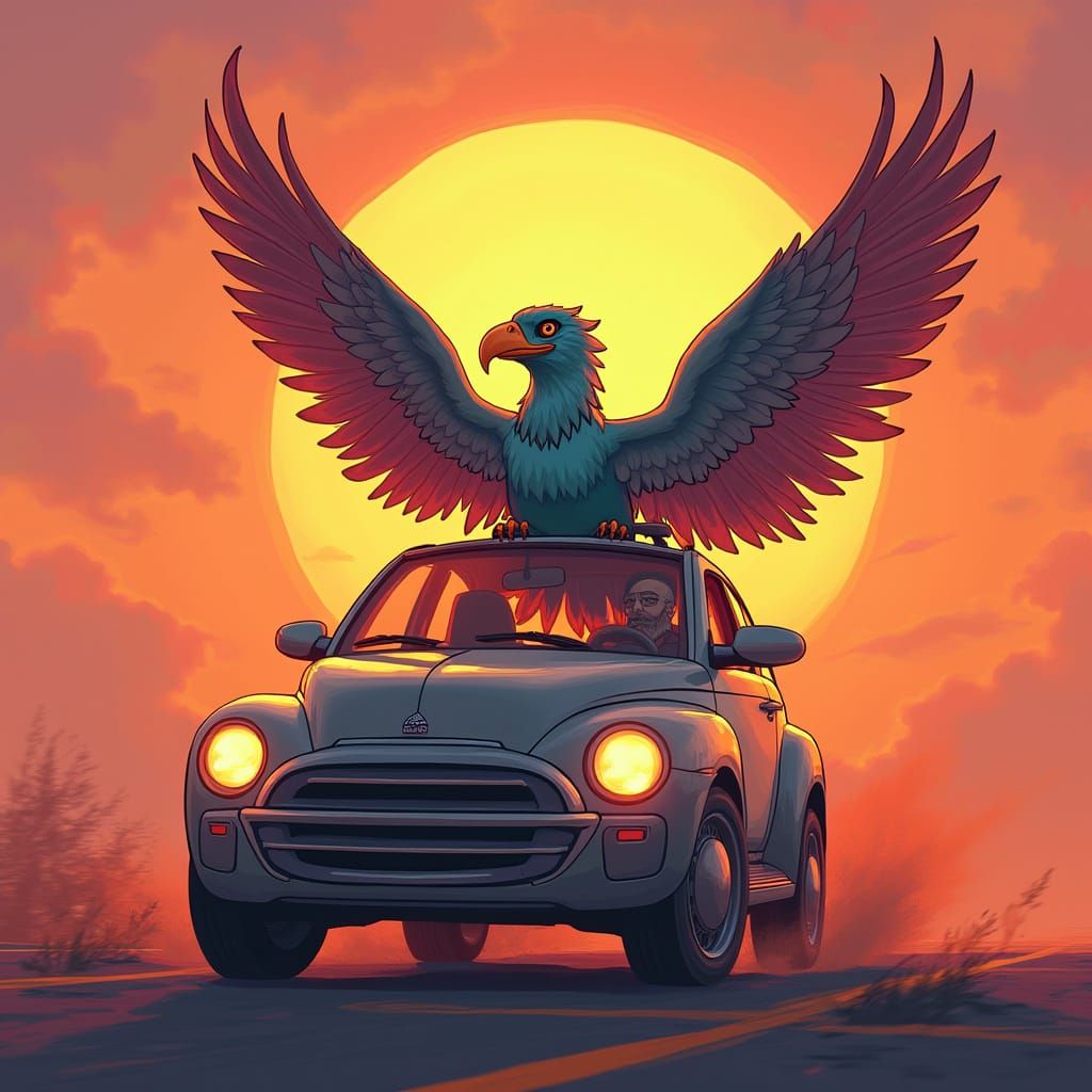 Griffin Cruises into Sunset in Cyberpunk Style