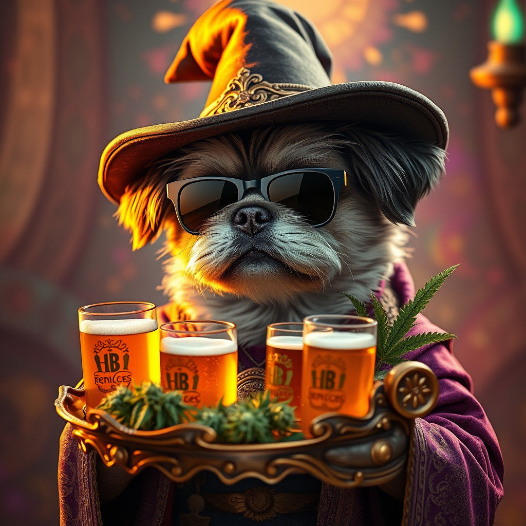 Shih-Tzu Wizard with Weed and Beers, Hyperrealistic Art