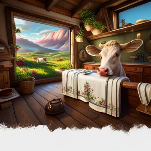 Cows, Ukulele, Flowers: Detailed Matte Painting in Fantasy A...
