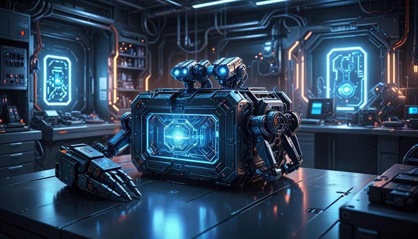 Metallic Quantum Chest in Futuristic Laboratory