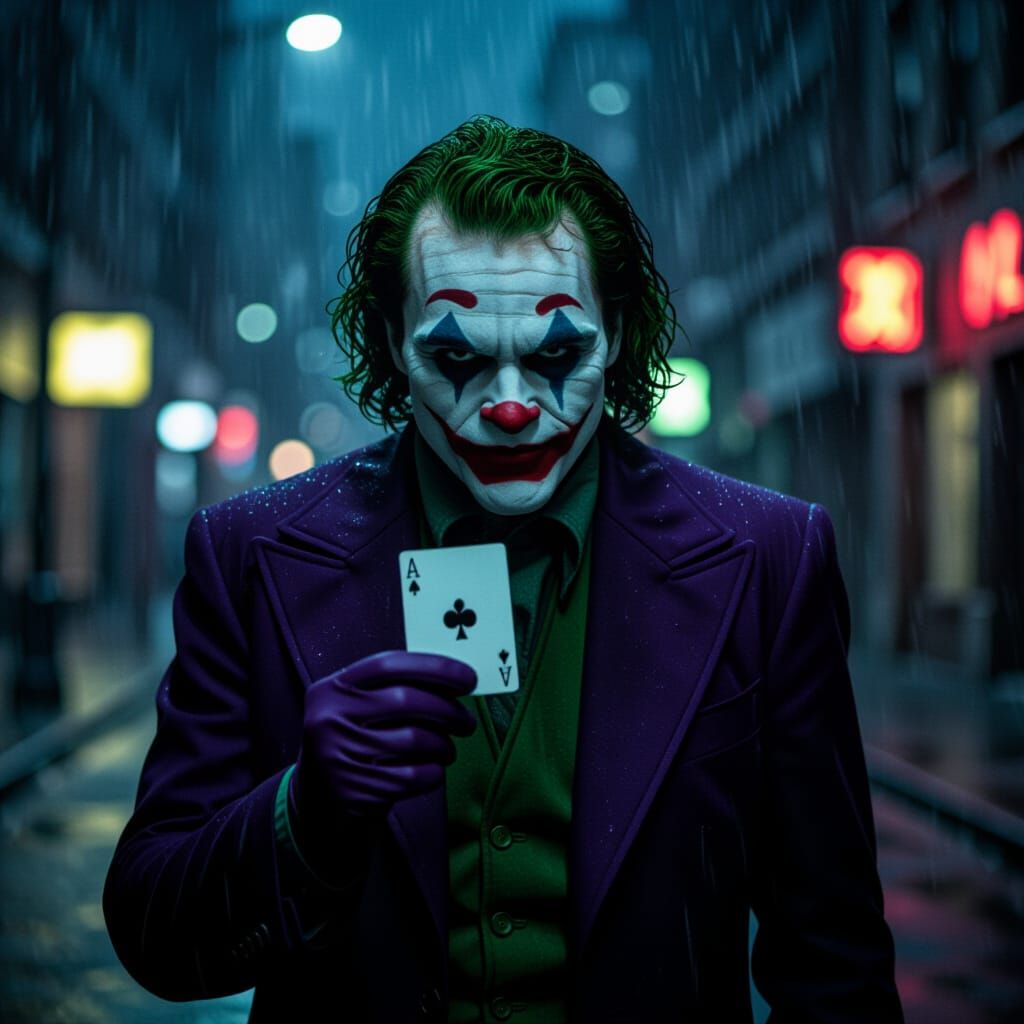 Dark Joker Holds Ace of Clubs in Grimy City