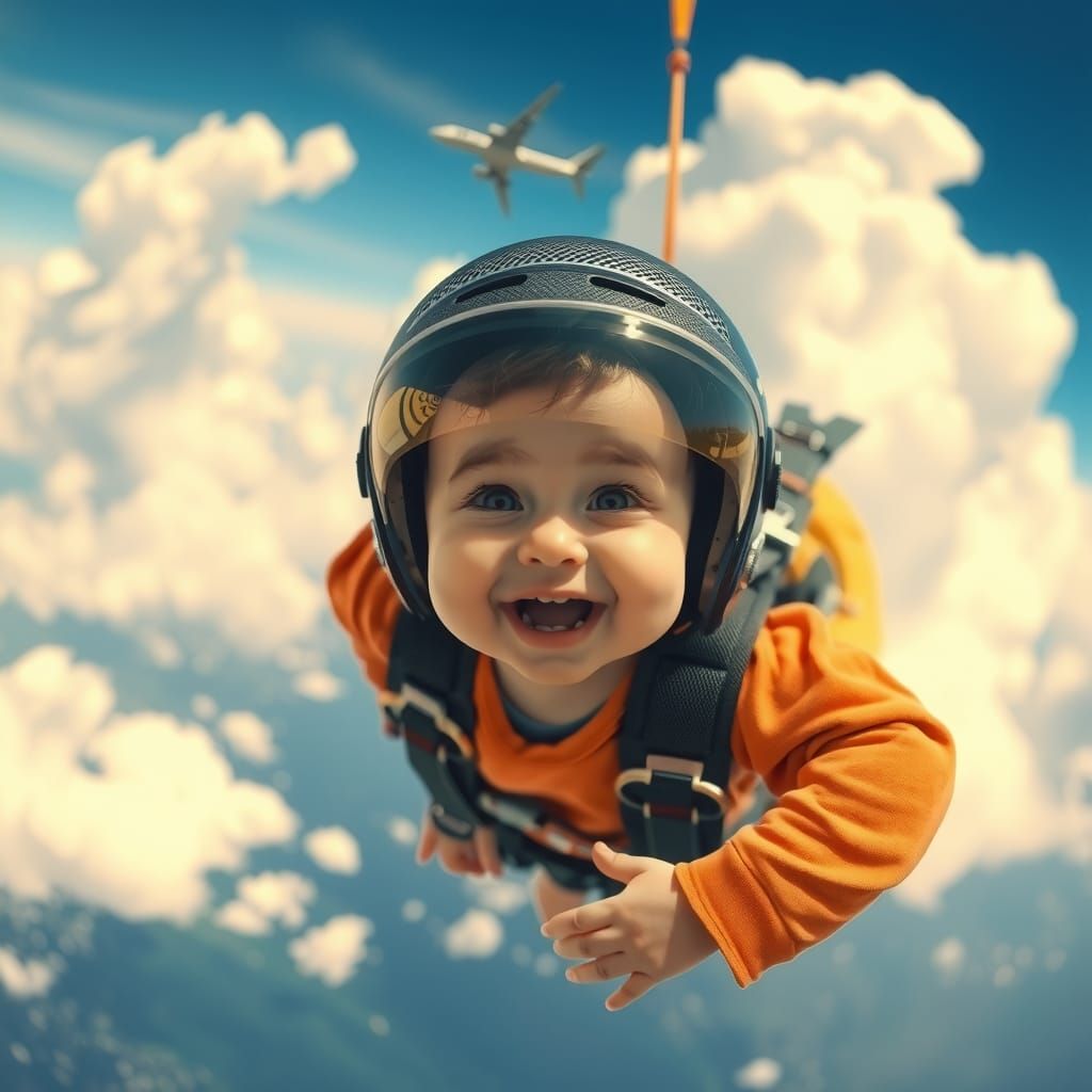 Carefree Baby Skydiving in Photorealistic Style